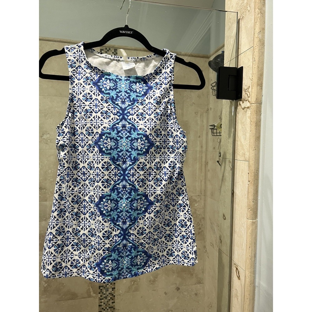 Lands' End Blue /White Tankini 6D Top Batik Soft Cup Medallion Print Modest